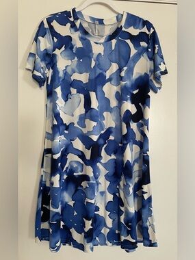 Women’s Molerani Short Sleeve Blue & White Abstract Design A-Line Dress Large